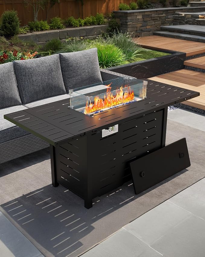 Hipicute 55" Outdoor Propane Fire Pit Table, 48,000 Btu Lp Gas Rectangular Fire Table with Ignition Systems and Lid,Outdoor Firetable with Glass Rocks for Patio Deck Garden Backyard by Hipicute