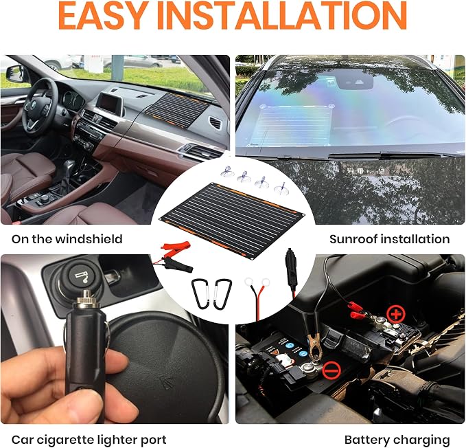 FlexSolar 20W 12V Solar Panel Battery Charger Maintainer Kits Trickle Charger with Built-in Charge Controller, Cigarette Lighter, Alligator Clips, O-Rings OBDII Connector for Car, Truck,Tractor, Boat - Image 5