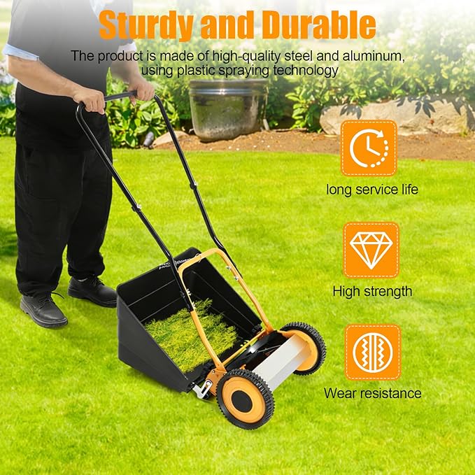 14Inch Manual Lawn Mower, 4-Blade Manual Reel Push Behind Machine, Walk-Behind Mowers Outdoor Equipment with Grass Catcher Bag for Green Lawns Driveways & Courtyards - Image 4