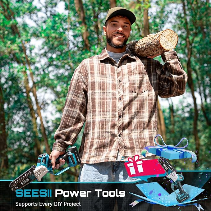 SEESII Brushless Mini Chainsaw 6 Inch, Handheld Saw with 2 * 2000 mAh Batteries, Cordless Chainsaw with Automatic Oiler, Compatible with Makita 18V Battery, Electric Saw for Tree Limb Branch Cutter - Image 2