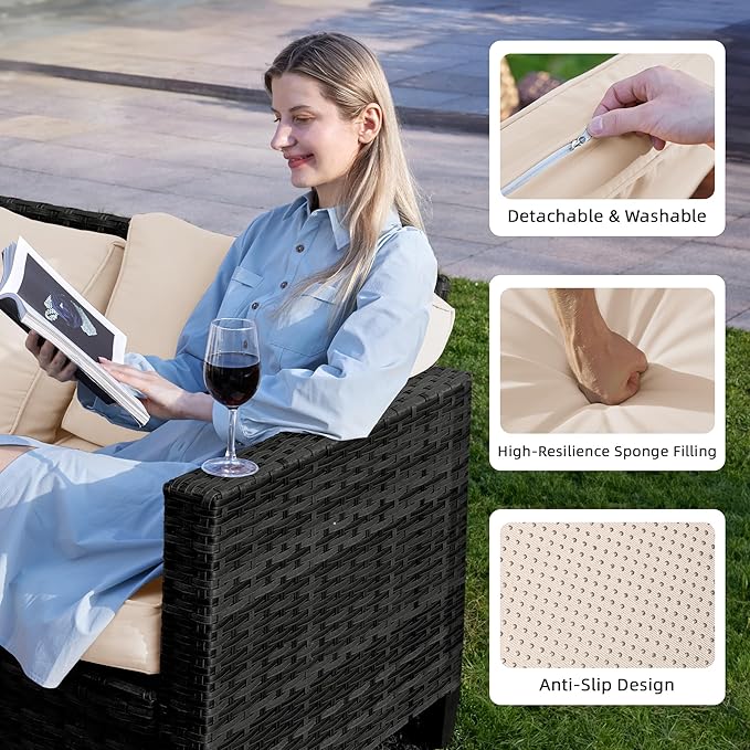 UDPATIO Patio Furniture Set with Fire Pit Table and Swivel Rocking Chairs, 6 Pieces Outdoor Wicker Furniture Set with Waterproof Cover, 4'' Thickened Cushion, Khak