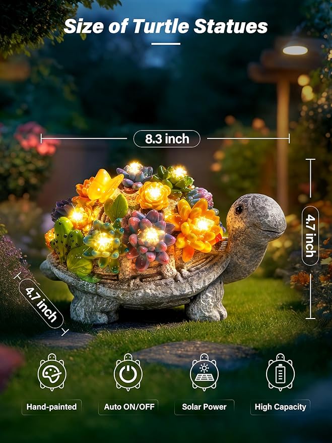 Solar Garden Statues, Outdoor Solar Turtle Decor with Succulent and 8 LED Lights, Outside Yard Figurine Decor for Garden, Lawn, Patio, Balcony, Porch, Unique Gifts for Mom Grandma