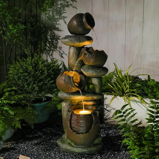50" H Outdoor Water Fountain with LED Lights, 4-Tier Cascading Water Fountain for Indoor & Outdoor Use, Garden Patio Waterfall Fountain with Stone & Crock Design for Porch, Backyard Décor