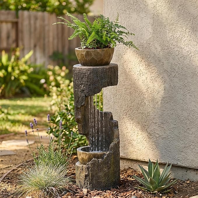 Outdoor Fountain Garden - Patio Waterfall Fountain with Lights, Rustic Wood-Style Cascading Waterfall with Planter Bird Feeder, Resin Water Feature for Deck, Patio, Backyard or Porch, 33.9" H