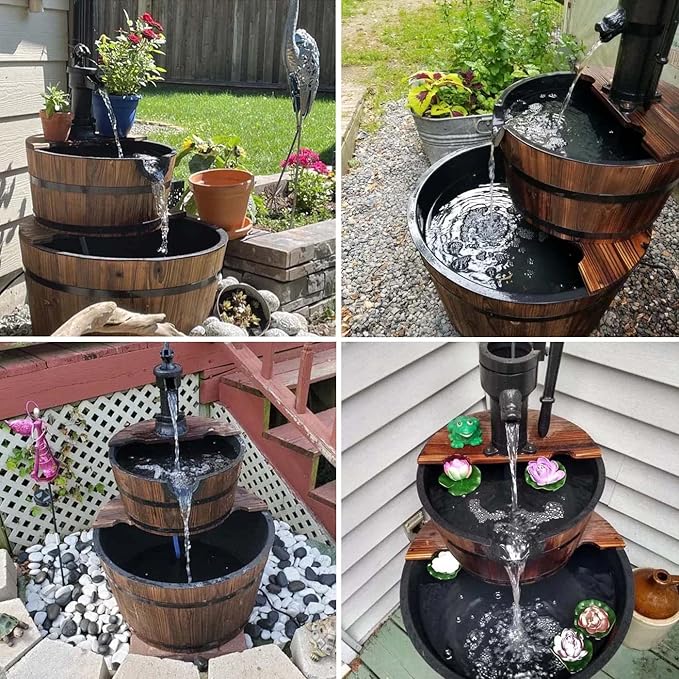 Extra Large Cascading Water Fountain for Outdoor Outside Patio Yard | Decorative 2-Tier Wood Barrel Fountain with Pump | 37.5" Tall Garden Waterfall Fountain