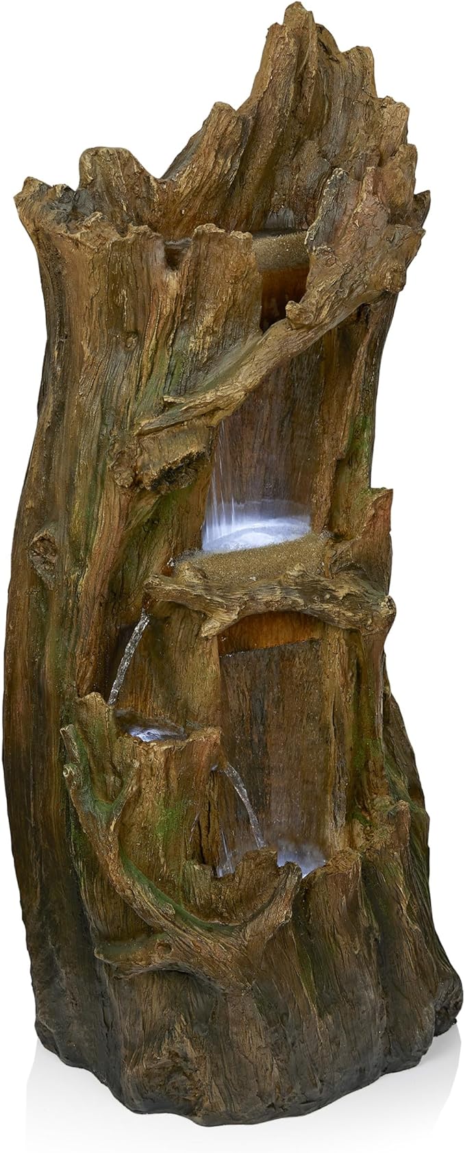 Alpine Corporation TZL346 Outdoor 3 Tier Tree Trunk Floor Fountain with Cool White LED Lights, Tiered Garden Decor, 40" H, Brown