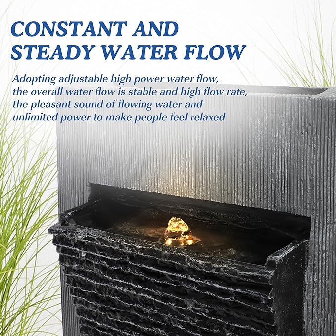 49.6" H Waterfall Fountains Outdoor Garden - Water Fountains and Waterfalls Outside, Large Indoor Floor Standing Resin Fountain Features W/Pump LED Light Cobbles for Patio, Home Art Decor