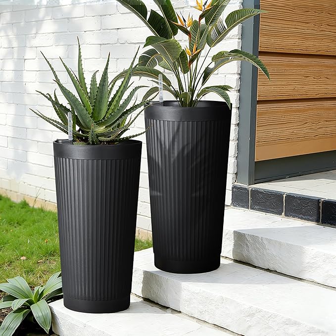 Self-Watering 24in Plastic Round Planter with Vertical Ribbed Design – Indoor Outdoor Flower Pot for Plants, Herbs, and Small Trees, Set of 2