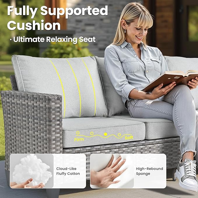 ovios Patio Furniture Set, 6 Pieces Outdoor Wicker Sofa Couch with Fire Pit Table, Ottomans and Comfy Cushions, All Weather High Back Rattan Conversation Set, Grey