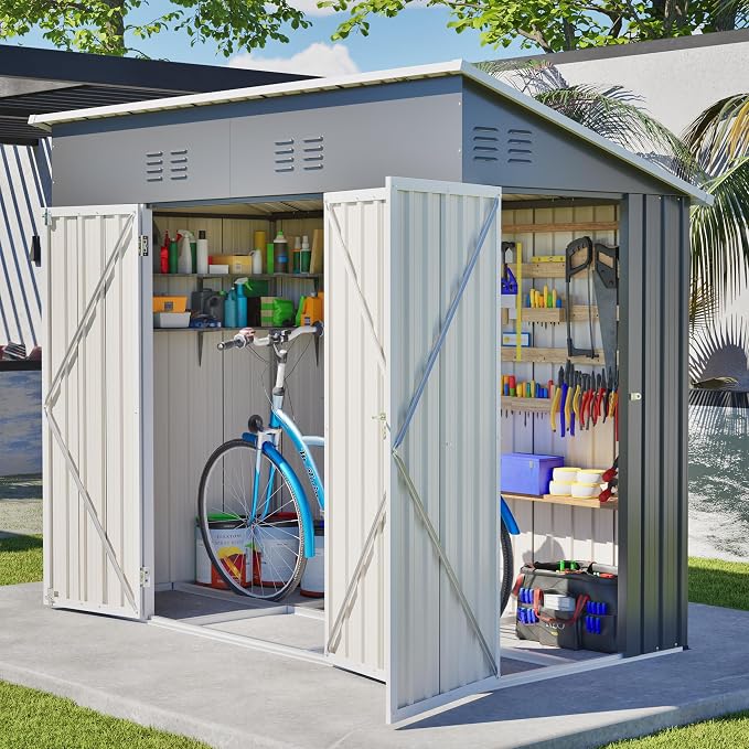 YOPTO 4x8 FT Outdoor Storage Shed,Slope Roof Storage Metal Garden Shed Steel with Reinforced Beams,All Weather Waterproof Garden Tool House W/Lockable Door & 4 Air Vents,for Backyard,Patio,Lawn,Grey by Unknown