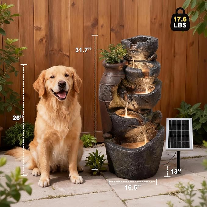 5-Tiers Solar Powered Cascading Rock Jar Water Fountain Outdoor, 31.7" H Outside Fountains and Waterfalls with 4 LED Lights for Patio, Deck, Porch, Backyard and Home Art Docor