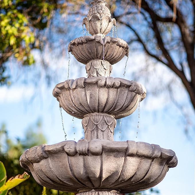 Outdoor Bird Bath Fountain 58.3" - 3-Tier Freestanding Water Fountain with Pump, Large Garden Patio Yard Décor, Dark Gray Leaf Design