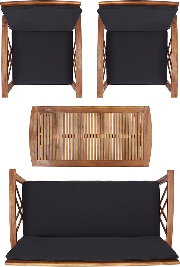 SAFAVIEH Outdoor Collection Fontana Natural/ Black Cushions 4-Piece Conversation Patio Set