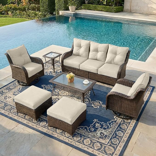 Patio Furniture Set, 7PCS Outdoor Wicker Conversation Set with 6" Thick Cushions, High Back Rattan Sofa & Swivel Rocker Chairs, Weather Resistant Olefin Fabric for Garden, Poolside, Beige