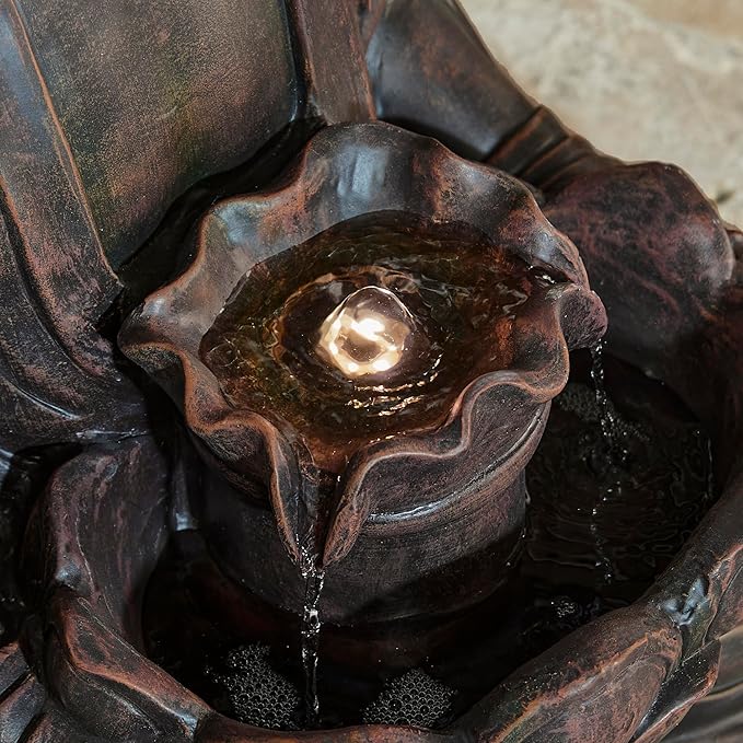 Glitzhome 24" H Zen Style Meditating Buddha Water Fountain Statue with Pump and LED Light, 2 Tier Waterfalls Resin Indoor Outdoor Floor Fountain for Garden Patio Backyard Decking
