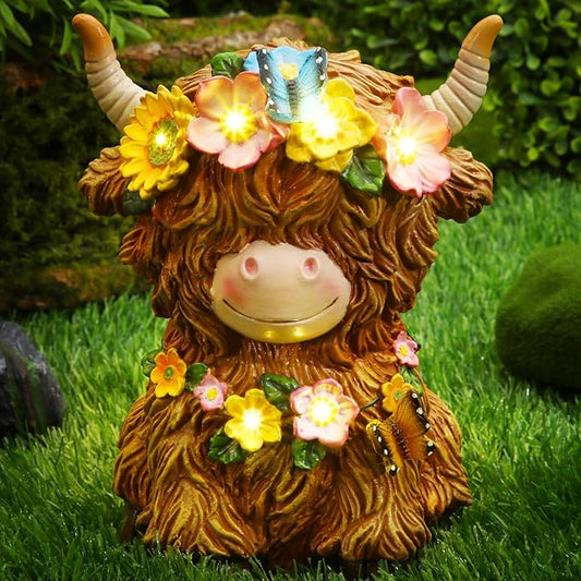 Highland Cow Resin Figurine Highland Cow Statue Christmas Outdoor Decor with Flower for Patio, Yard, Gift for Mom, Calf Gnome Herd Lovers (Classic)
