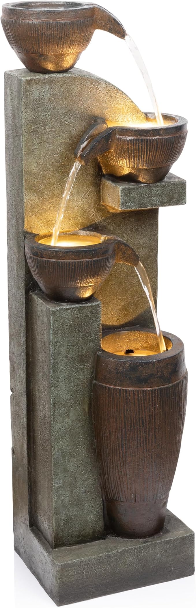 Alpine Corporation 40” Tall Indoor/Outdoor 4-Tier Fountain with LED Lights, Cascading Pot and Bowl Water Feature, Elegant Waterfall for Garden, Patio & Home, Brown