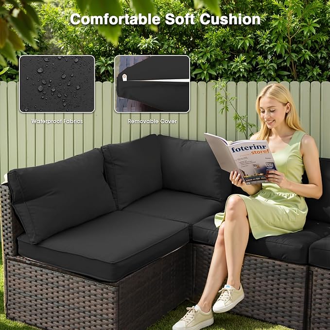 14 Pieces Patio Furniture Set with 44" Fire Pit Table, Rattan Outdoor Sectional Conversation Sets, All Weather Outdoor Furniture Set with Cushions for Garden Lawn Balcony Porch Deck Black