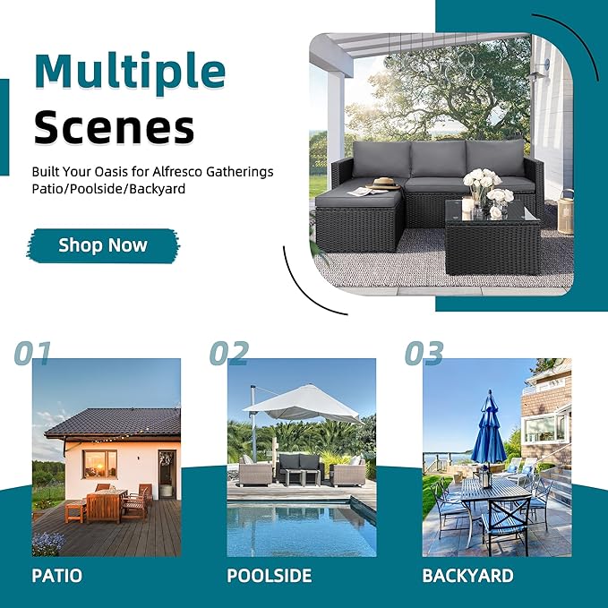 SUNLEI 3-Piece Patio Sectional Sofa, Outdoor PE Rattan Patio Conversation Sofa Set with Detachable Soft Cushions, Patio Furniture Set with Glass Coffee Table & Ottoman, Black Rattan/Grey