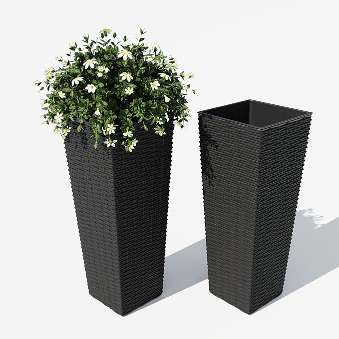 2 Pack Large Planters for Indoor Plants, Outdoor 24 inch Tall Planter with Removable Liners, Plant Pots for Trees Flowers, All-Weather Use with Drainage Holes for Porch, Patio, Backyard, Black