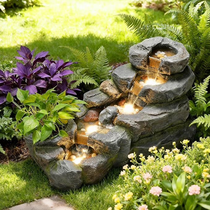 38.2" L Garden Outdoor Water Fountain 5 Tiers Floor Standing Rock Natural Waterfall Outdoor Fountains with LED Lights and Planting Pot for Patio, Porch,Backyard,Home Art Decor