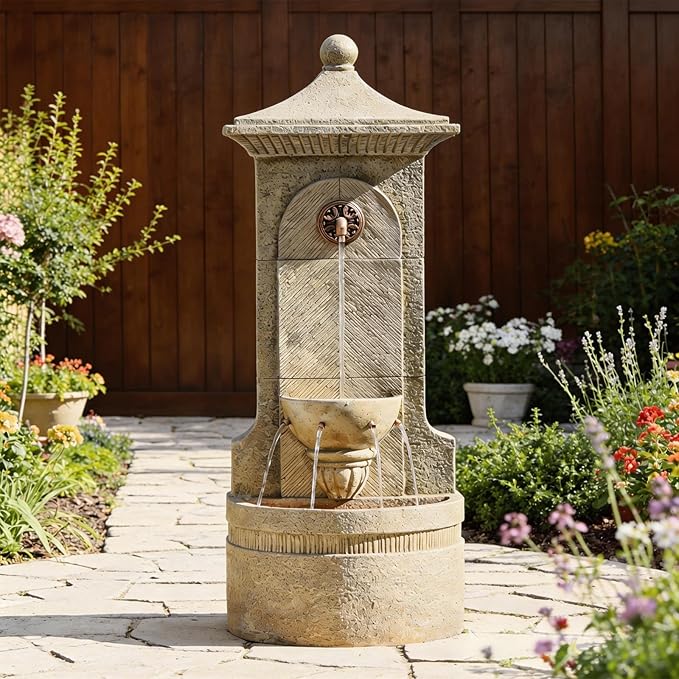 Outdoor Wall Fountain with LED Lights, 42.91” H Freestanding Garden Water Fountain, Large Floor Standing Patio Waterfall Feature, European Resin Flat Back Yard Courtyard Porch Déco