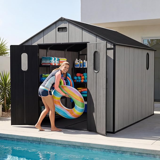 Domi 8x10Ft Resin Outdoor Storage Shed with Floor, Plastic Garden Storage Shed, Outside Weatherproof Storage Building for Tools, Bike, Lawn Mower, Patio, Backyard - Image 9
