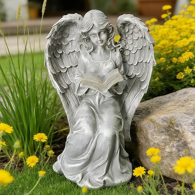 Solar Garden Outdoor Angel Statues with Book, Book Lovers Gifts for Balcony Patio Lawn Table Yard Ornaments, Solar Resin Fairy Waterproof LED Lights, Birthday Gifts for Women Mom Grandma
