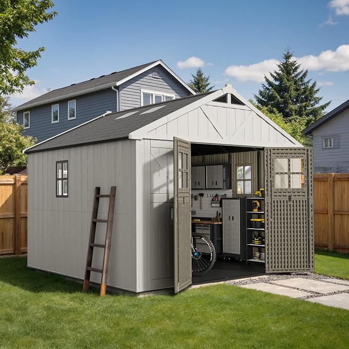 Devoko 10x10 FT Resin Outdoor Storage Shed with Floor, Plastic Tool Garden Shed with Windows & Lockable Door, Outside Large Storage Shed for Patio Backyard Lawn, Beige - Image 7