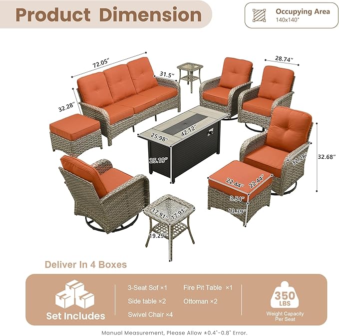 HOOOWOOO Outdoor Patio Furniture Set with Fire Pit Table,10 Pieces Wicker Conversation Set,All Weather High Back Couch Sofa Swivel Chairs Ottomans Ottomans Set,Orange Red