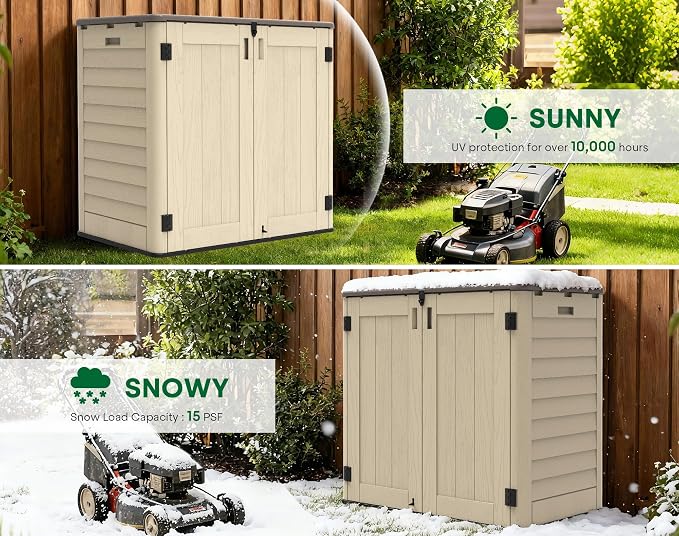 Outdoor Storage Shed, 30 Cu Ft Waterproof Horizontal Resin Storage Cabinet, Weather-Resistant Garden Shed Trash Can Storage with Pad-Lockable Doors for Backyards (Khaki) - Image 6