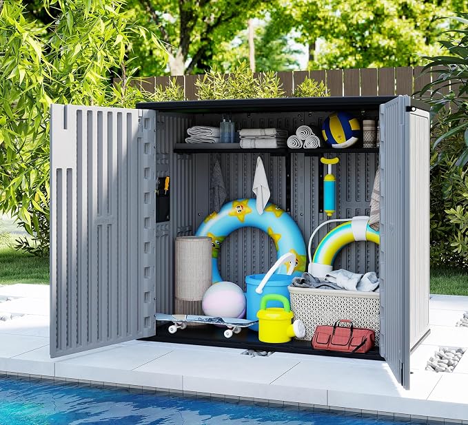 ZZM 37 Cu.ft Outdoor Storage Shed with Floor HDPE Double-Wall Resin Sheds Outdoor Storage, Lockable Weatherproof Storage Cabinet Fit for Garden Tools, Garage can, Bike, Patio Furniture, Grey - Image 4