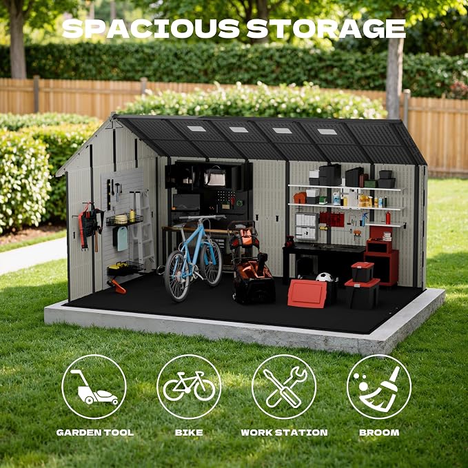 Devoko 10x14 FT Plastic Storage Shed with Floor, Large Resin Tool Outdoor Shed with Lockable Door & Windows, Outside Garden Storage Shed for Patio Backyard Lawn, Beige - Image 5