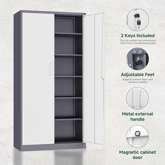 Letaya Metal Storage Cabinet with Lock Door and 5 Shelves,6 Tier Steel Garage Tool Cabinet for Home Office Utility Room 72" H X 36" W X18 D (White Gray) - Image 5