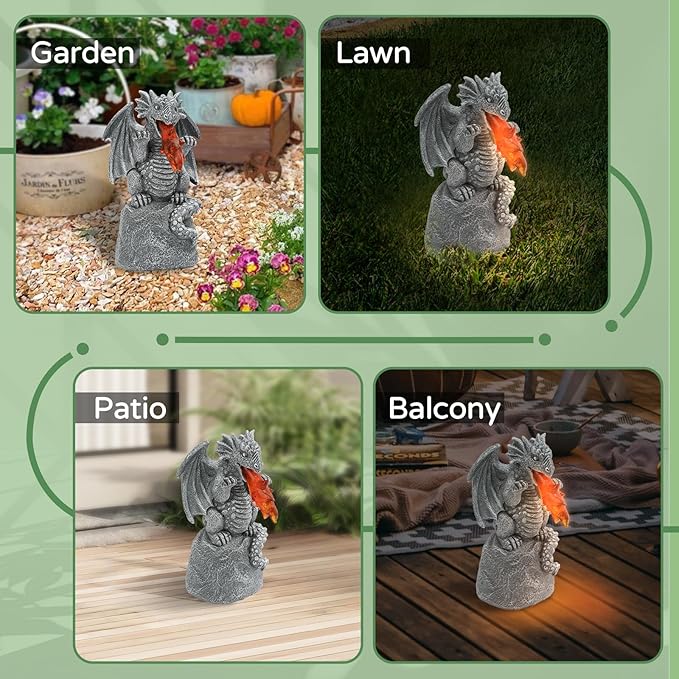 WENYLE Solar Garden Outdoor Statues Flame Dragon with Solar Lights, Lawn Decor Cool Drake Figurine for Patio Balcony Yard, Yard Unique Christmas Birthdays Gift for Mom Grandma