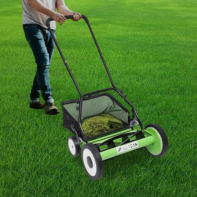 16-Inch Reel Mower, 5-Blade Cordless Manual Push Reel Lawn Mower, Adjustable Cutting/Handle Height Grass Cutter with Grass Catcher, Green - Image 3