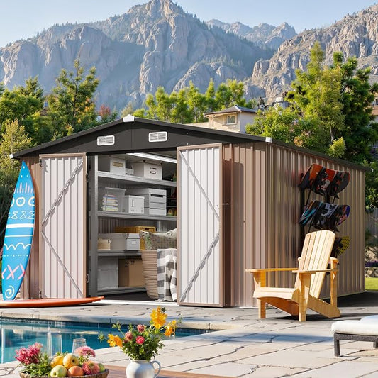 10x12FT Outdoor Storage Shed, Metal Garden Tool Shed with Sloping Roof & Lockable Door for Patio Lawn Backyard (Brown, 10x12FT) by Breezestival