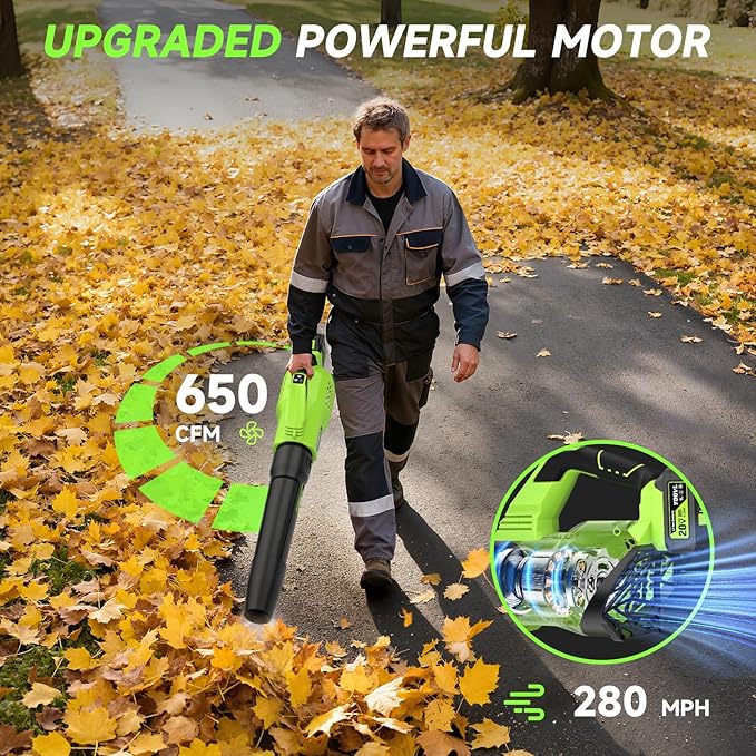Leaf Blower Cordless, 650CFM Electric Leaf Blowers with 2 x 5.2Ah Batteries and Charger, 3 Speed Modes, 1 x Adjustable Shoulder Strap, Powerful Blowers for Lawn Care, Patio, Dust, Blowing Leaves - Image 2