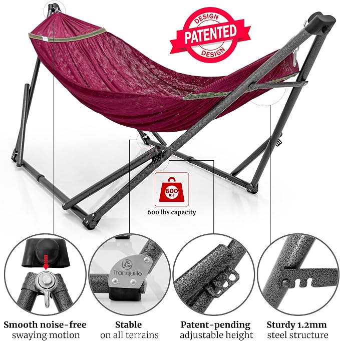 Tranquillo Combo x2 Hammocks with Stand for Outside & Tree Straps, Heavy Duty Hammock with Stand 600lbs for Indoor Outdoor Patio Backyard, x2 Hammocks for 2 Person (Combo - Red, Medium) - Image 3