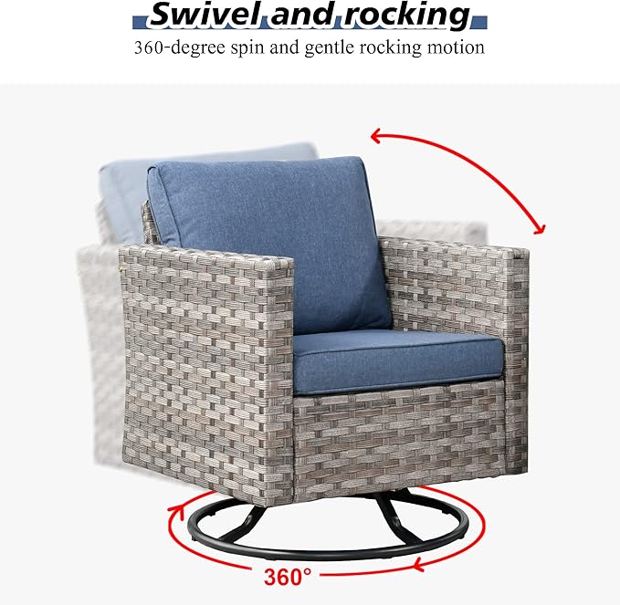 HOOOWOOO 10 Piece Modular Patio Outdoor Sectional Furniture Set with Gas Propane Fire Pit Table,Wicker Conversation Sofa Set with Swivel Chairs,Outside Couch Set(Denim Blue)