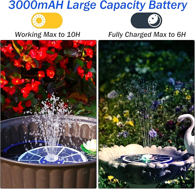 AISITIN 3.5W Solar Fountain Pump with LED Colorful Lights & 3000mAh Battery, Solar Bird Bath Fountain with 10 Nozzles, Solar Water Pump for Garden, Pond and Outdoor (Purple)
