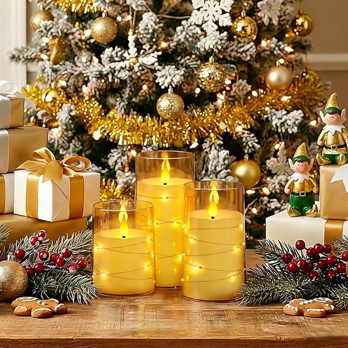Homemory Flameless Candles with Embedded Star String Fairy Lights, Battery Operated Candles, LED Candle, Fake Candles with Remote Control and Timer, Gold, Set of 3(H 4" 5" 6”)