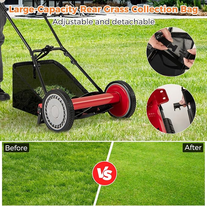 16" Manual Rear Mower, Push Lawn Mower with 5 Steel Blades, Adjustable Cutting Heights & Grass Catcher Bag, Walk-Behind Grass Cutter Lawn Sweeper for Garden, Park & Yard (Red) - Image 5