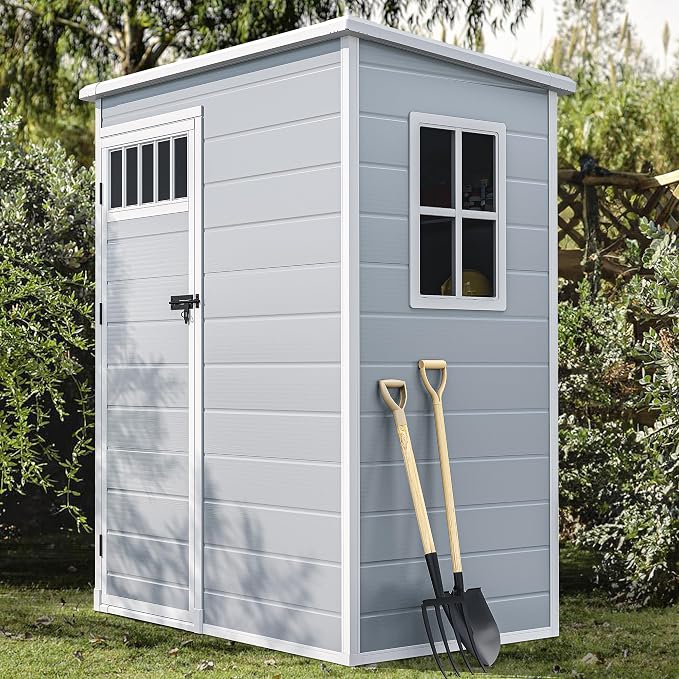 DWVO Outdoor Storage Shed, All-Weather Resin Plastic Storage Shed with Windows, Slanted Roof, Raised Floor, Capacity for Garden Tools & Equipment, Ideal for Backyard & Garden (Gray, 5X3FT) - Image 9
