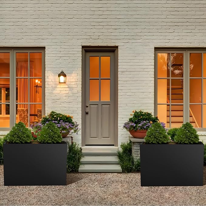 28"x12"x28" Large Metal Planter Box, Heavy-Duty Rust Resistant Steel Planter with Drainage Hole, Modern Rectangular Planter for Outdoor Indoor Patio Garden Yard (Black)