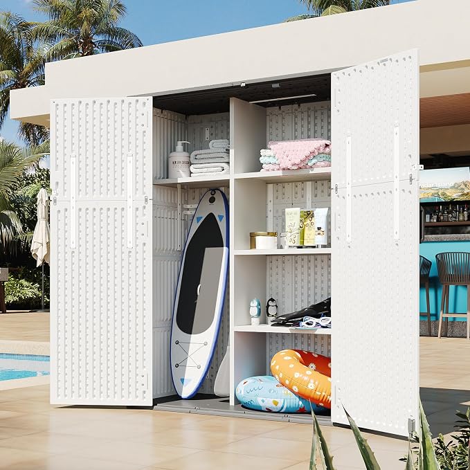 Aoxun 61 Cu.Ft Outdoor Storage Shed with Metal Shelving Kit, Widened Outdoor Storage Cabinet Waterproof Vertical Resin Shed with Floor for Garden Tools, Pool Equipment, Easy to Assemble (White) by Aoxun