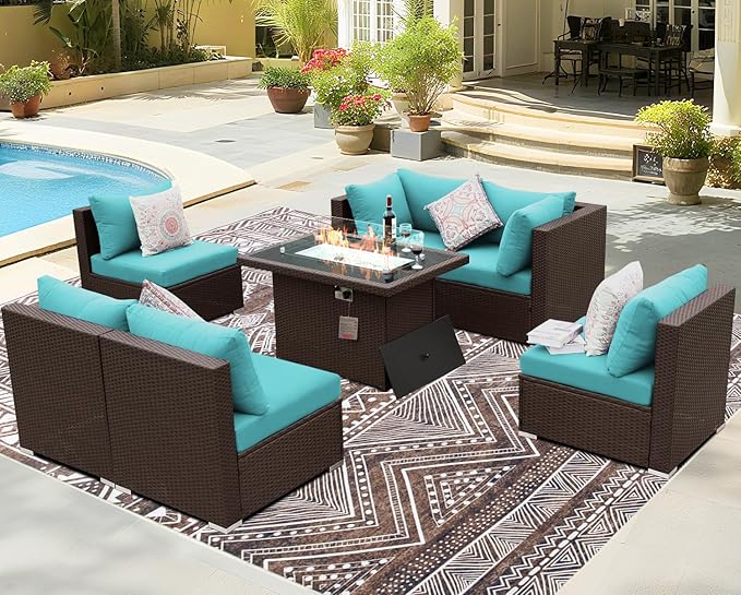 BULEXYARD 7-Piece Outdoor Patio Furniture Set with Propane/Natural Gas Fire Pit Table, High-Back Large Size Outside Sectional Couch Sofa, Comfy Wide Deep Seats for Yard, Brown Rattan & Teal Cushion