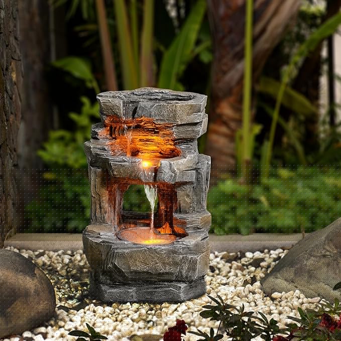 Kalona Outdoor Waterfall Fountain with LED Lights - 3-Tier Resin Rock Water Feature for Garden Patio Backyard, 21.5" Tall Fountain Decor 24392
