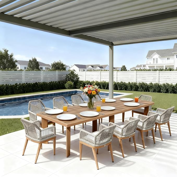 PURPLE LEAF 11 Pieces Patio Dining Set Aluminum Modern Oversize Rectangular Table and Rattan Arm Chairs with Cushions for Kitchen Porch Garden Outdoor Furniture Sets, Teak by PURPLELEAF