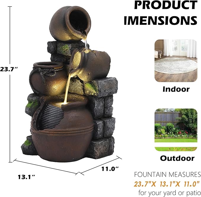 TITIMO Outdoor Water Fountain with Flower Pot and Lights - Cascading Pitchers Farmhouse Fountains and Waterfalls, Garden Fountain Patio Decor, Waterfall Fountains Indoor and Outdoor